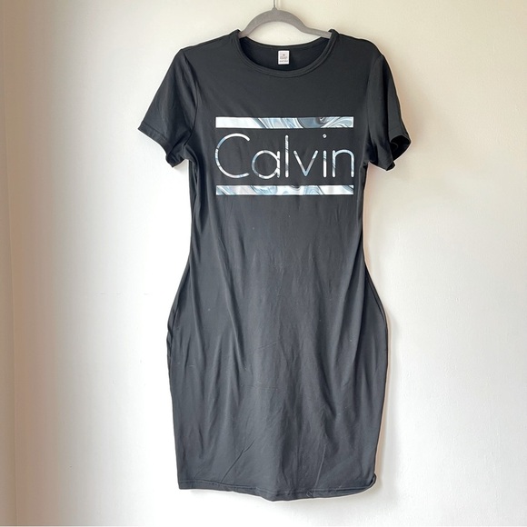 Calvin Logo T-Shirt Dress Black Medium | Stretchy Bodycon Graphic Casual Summer - Picture 1 of 8